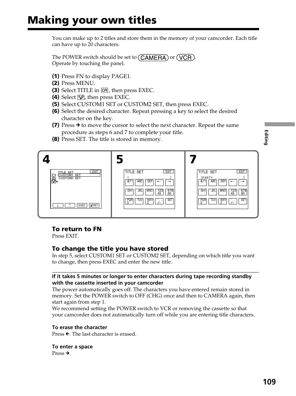 Making your own titles, Press exit | Sony DCR-PC105 User Manual | Page 109 / 240