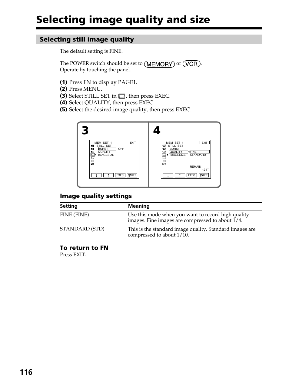 Selecting image quality and size, Selecting still image quality, Image quality settings | Sony DCR-PC105 User Manual | Page 116 / 240