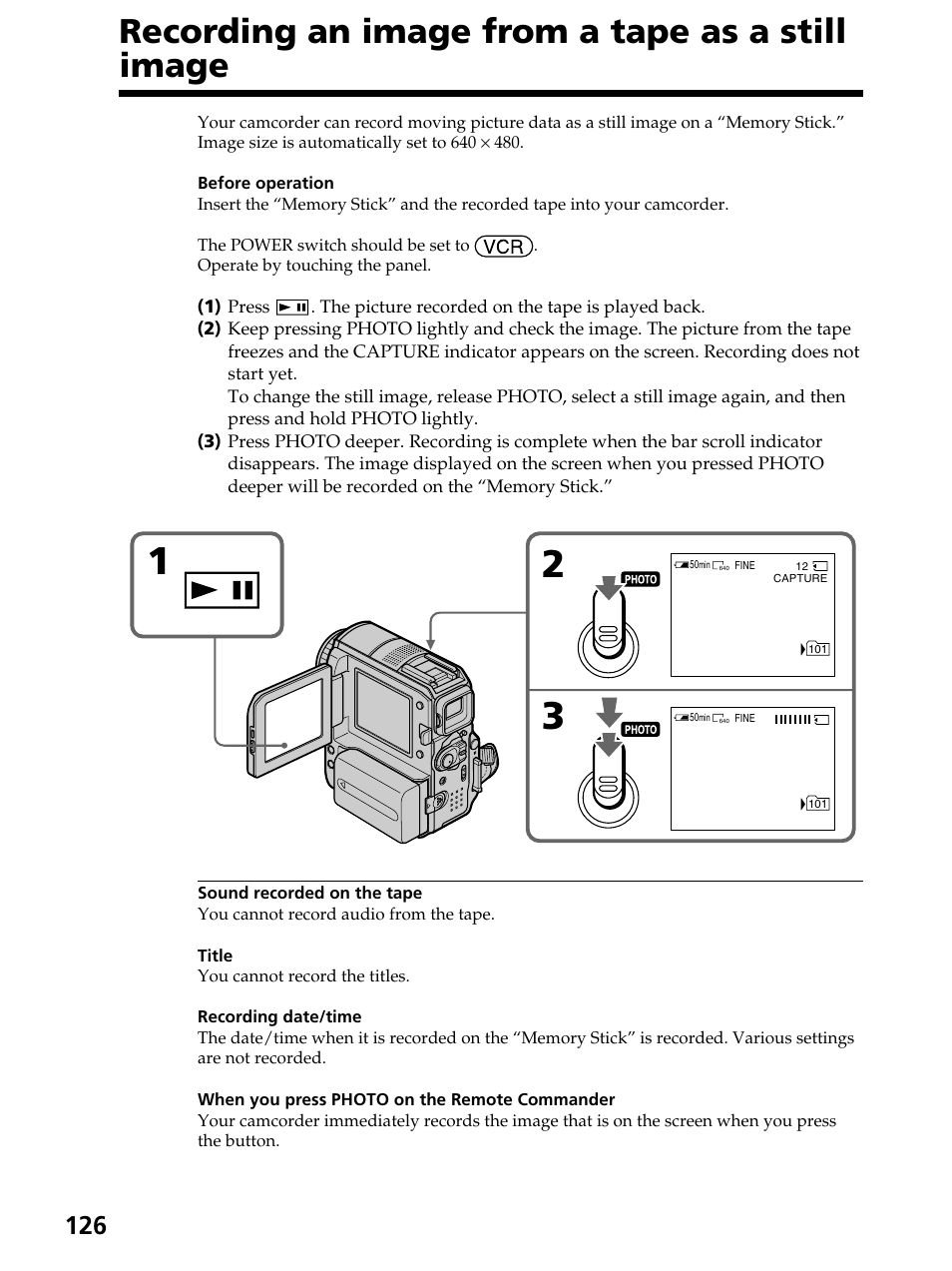 Recording an image from a tape as a still image | Sony DCR-PC105 User Manual | Page 126 / 240