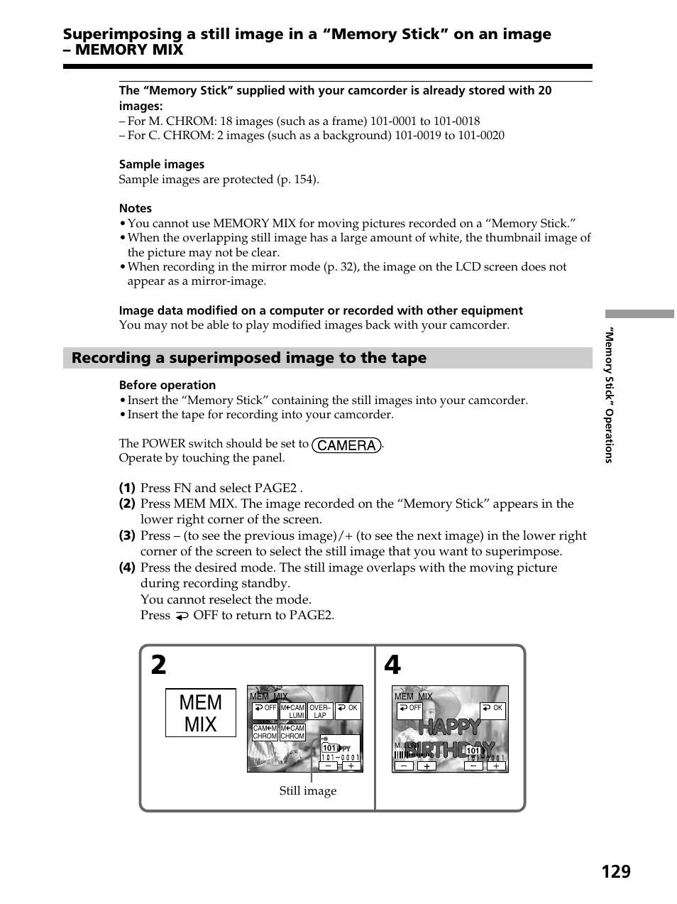 Mem mix, Recording a superimposed image to the tape | Sony DCR-PC105 User Manual | Page 129 / 240