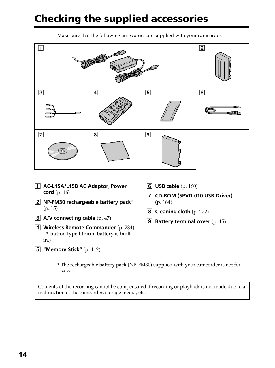 Checking the supplied accessories | Sony DCR-PC105 User Manual | Page 14 / 240