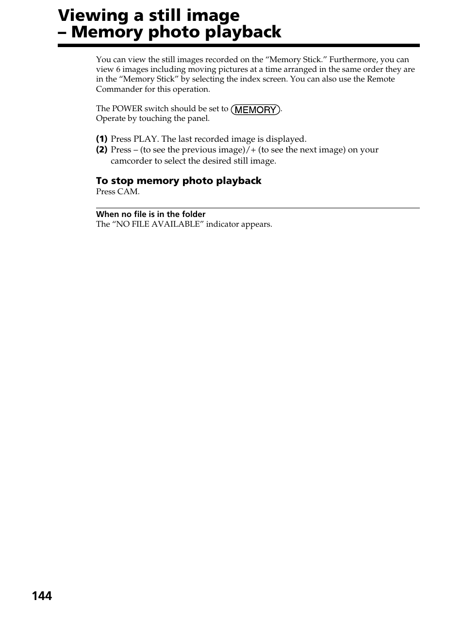 Viewing a still image – memory photo playback | Sony DCR-PC105 User Manual | Page 144 / 240