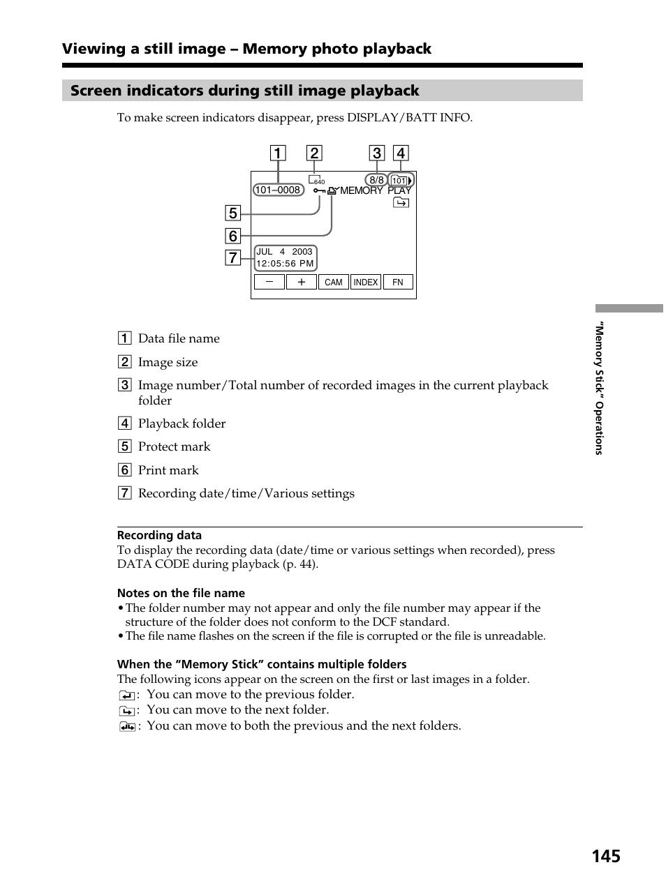 Screen indicators during still image playback | Sony DCR-PC105 User Manual | Page 145 / 240