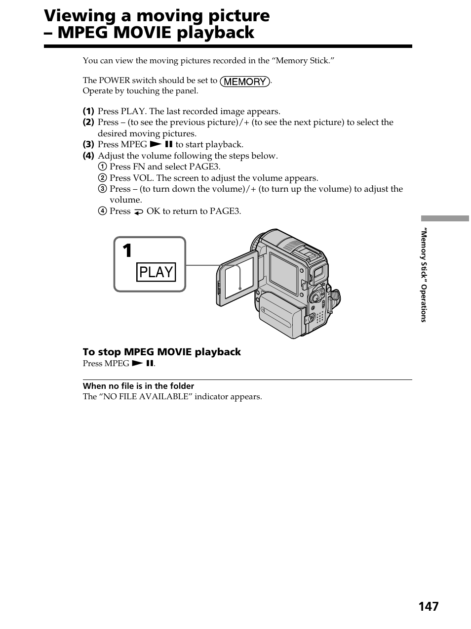 Viewing a moving picture – mpeg movie playback, Play | Sony DCR-PC105 User Manual | Page 147 / 240