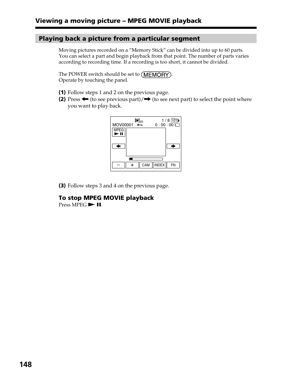 Playing back a picture from a particular segment, Viewing a moving picture – mpeg movie playback | Sony DCR-PC105 User Manual | Page 148 / 240