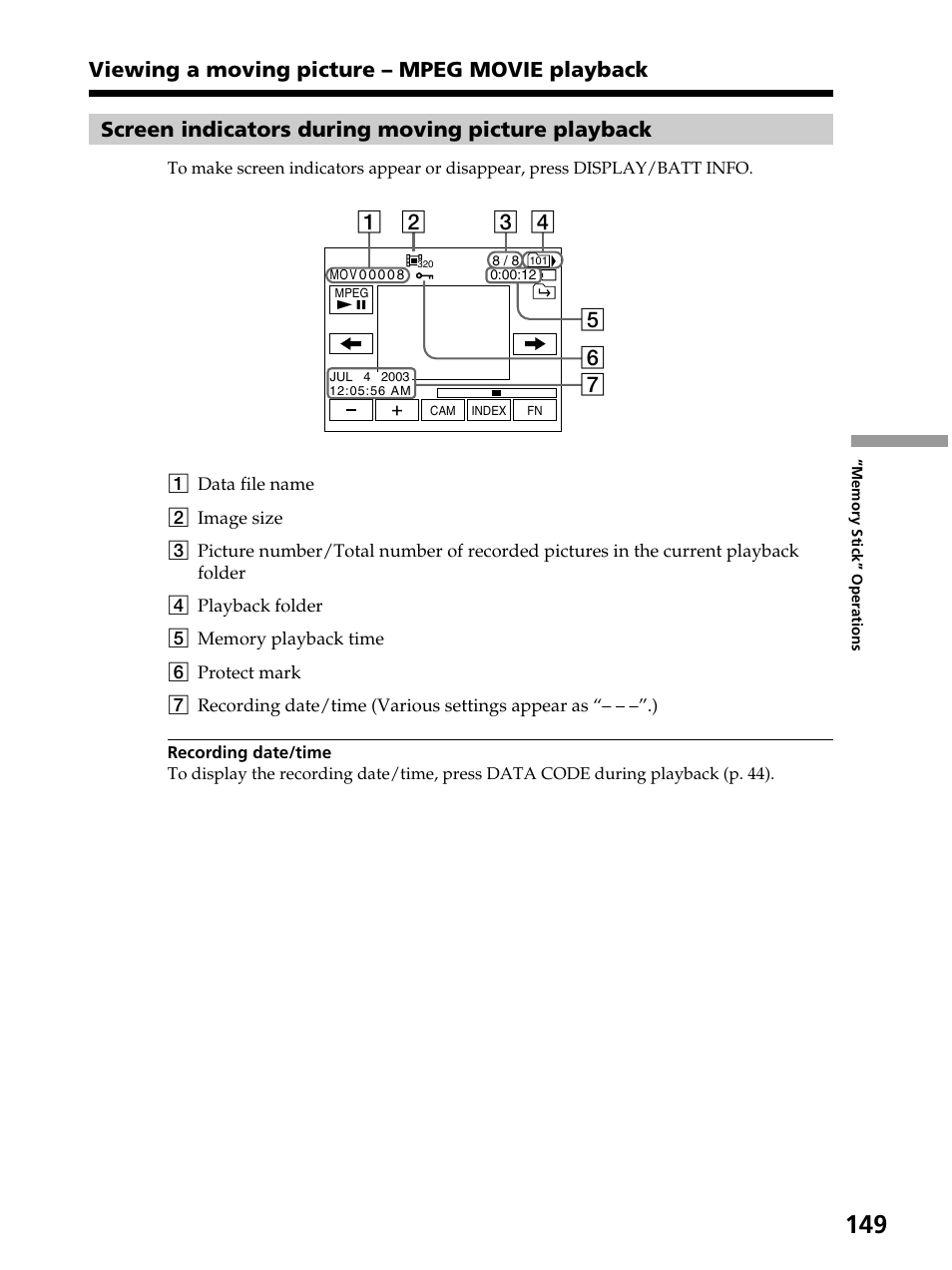 Screen indicators during moving picture playback | Sony DCR-PC105 User Manual | Page 149 / 240