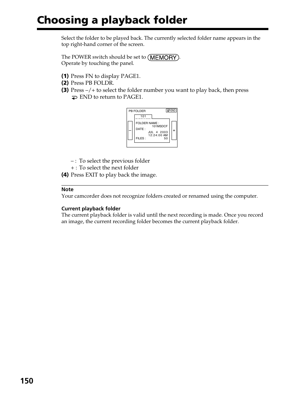 Choosing a playback folder | Sony DCR-PC105 User Manual | Page 150 / 240