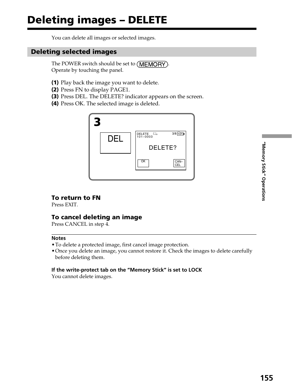 Deleting images – delete, Deleting selected images | Sony DCR-PC105 User Manual | Page 155 / 240