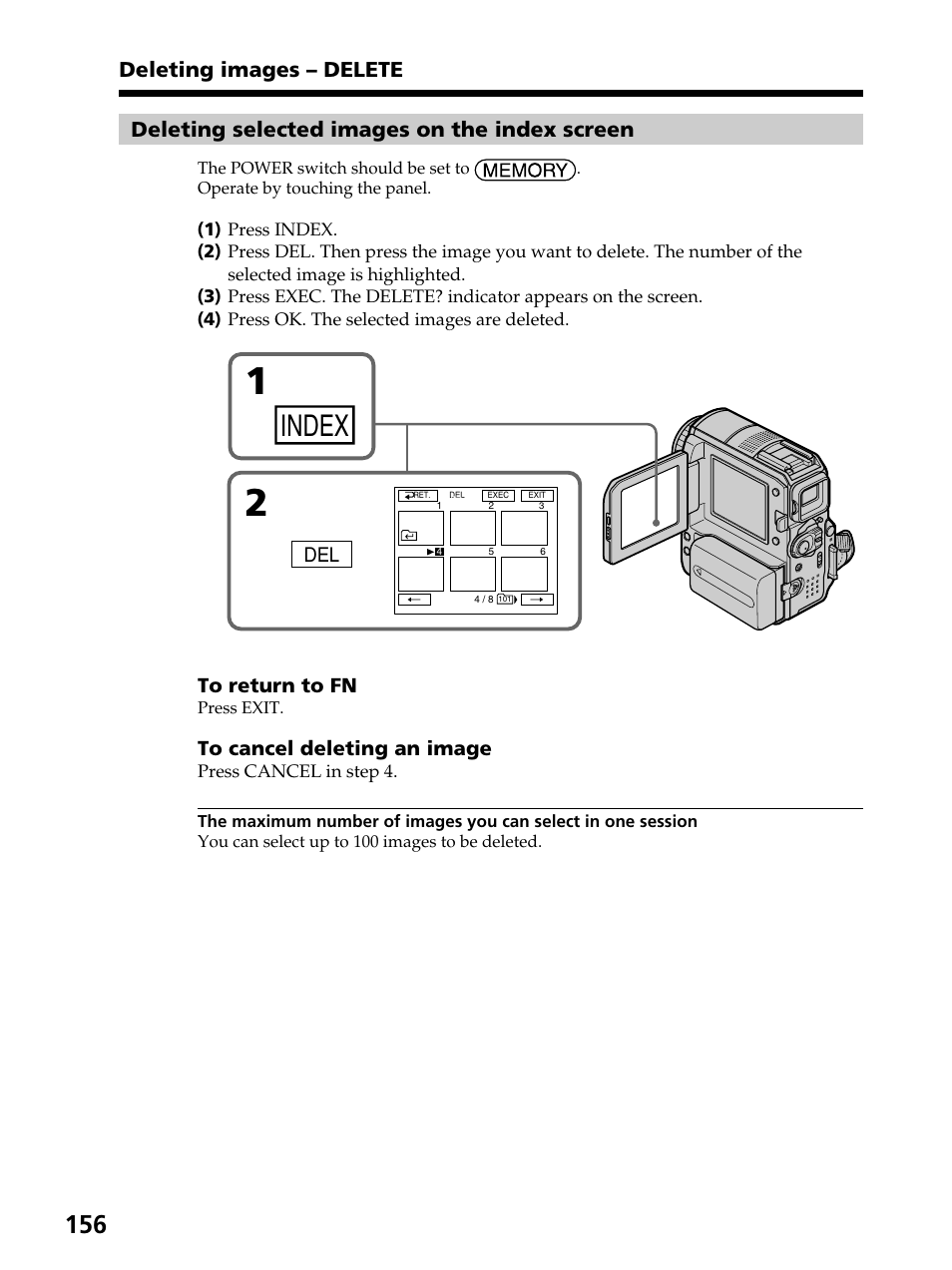 Index, Deleting selected images on the index screen, Deleting images – delete | Sony DCR-PC105 User Manual | Page 156 / 240