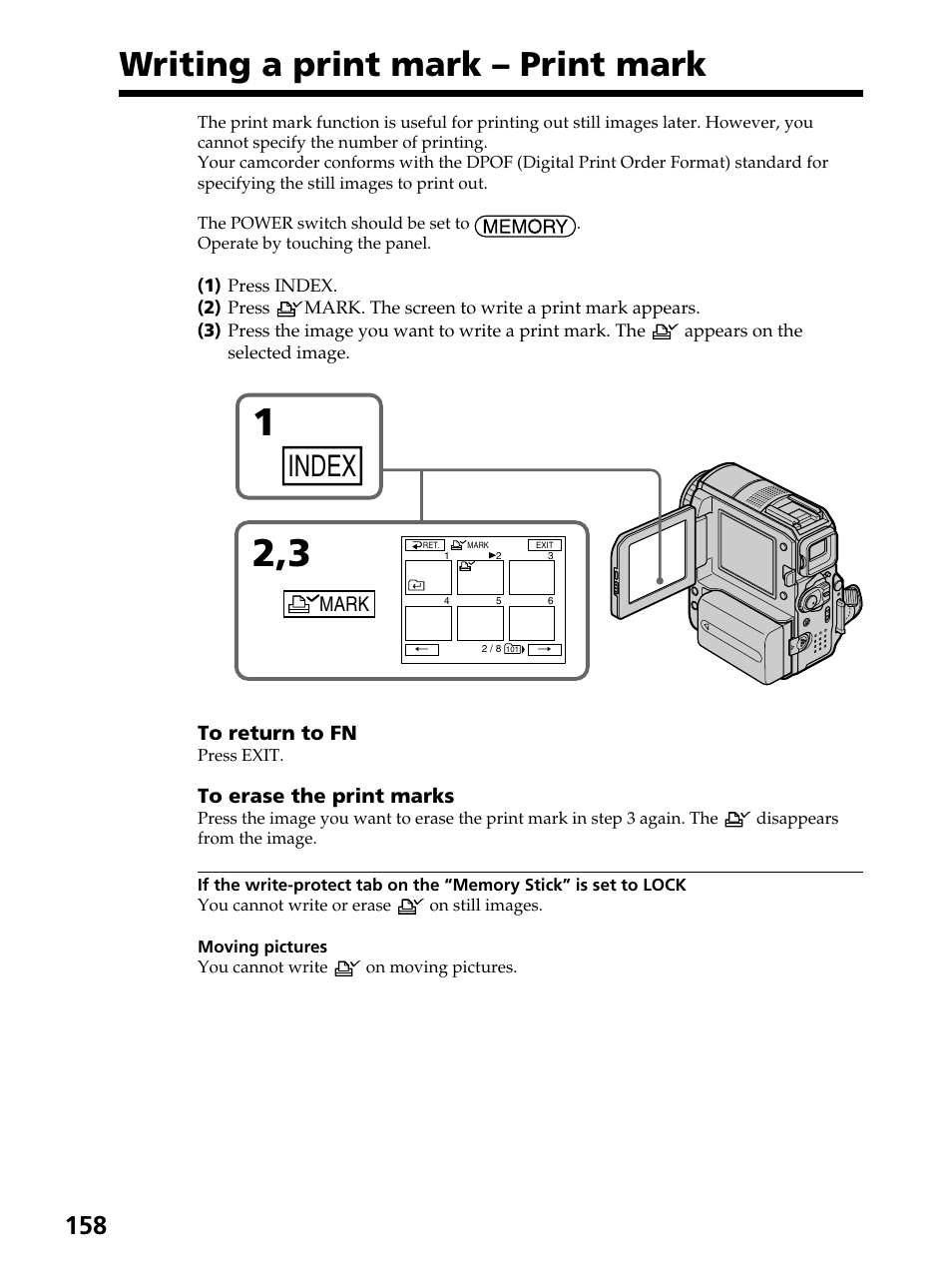 Writing a print mark – print mark, Index | Sony DCR-PC105 User Manual | Page 158 / 240