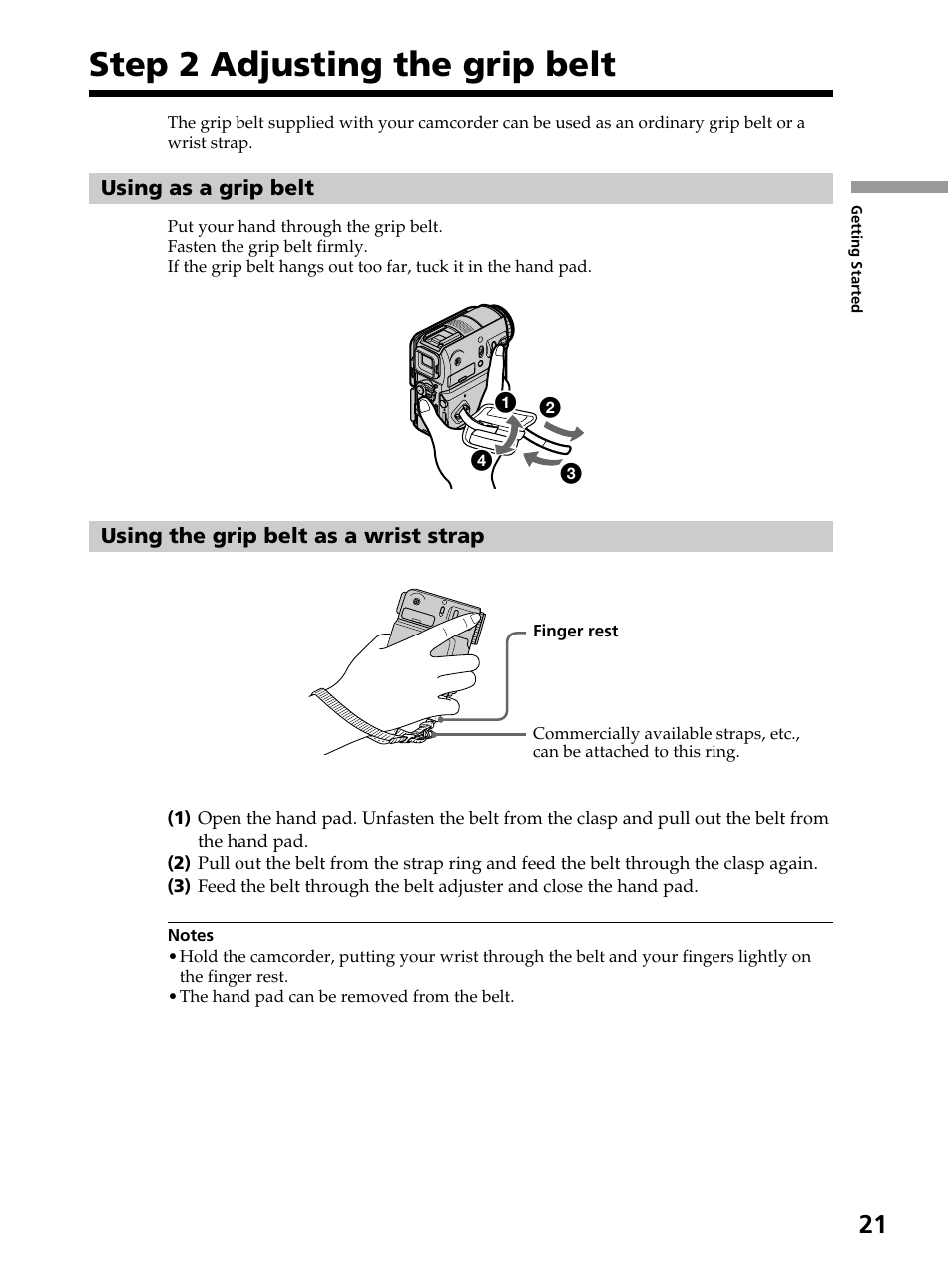 Step 2 adjusting the grip belt | Sony DCR-PC105 User Manual | Page 21 / 240