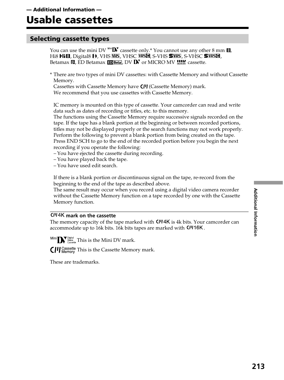 Additional information, Usable cassettes | Sony DCR-PC105 User Manual | Page 213 / 240