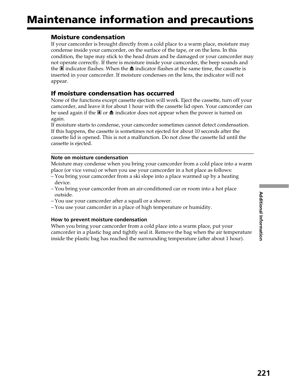 Maintenance information and precautions | Sony DCR-PC105 User Manual | Page 221 / 240