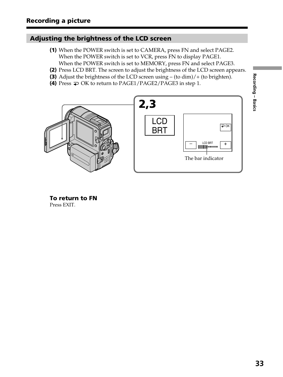 Lcd brt | Sony DCR-PC105 User Manual | Page 33 / 240