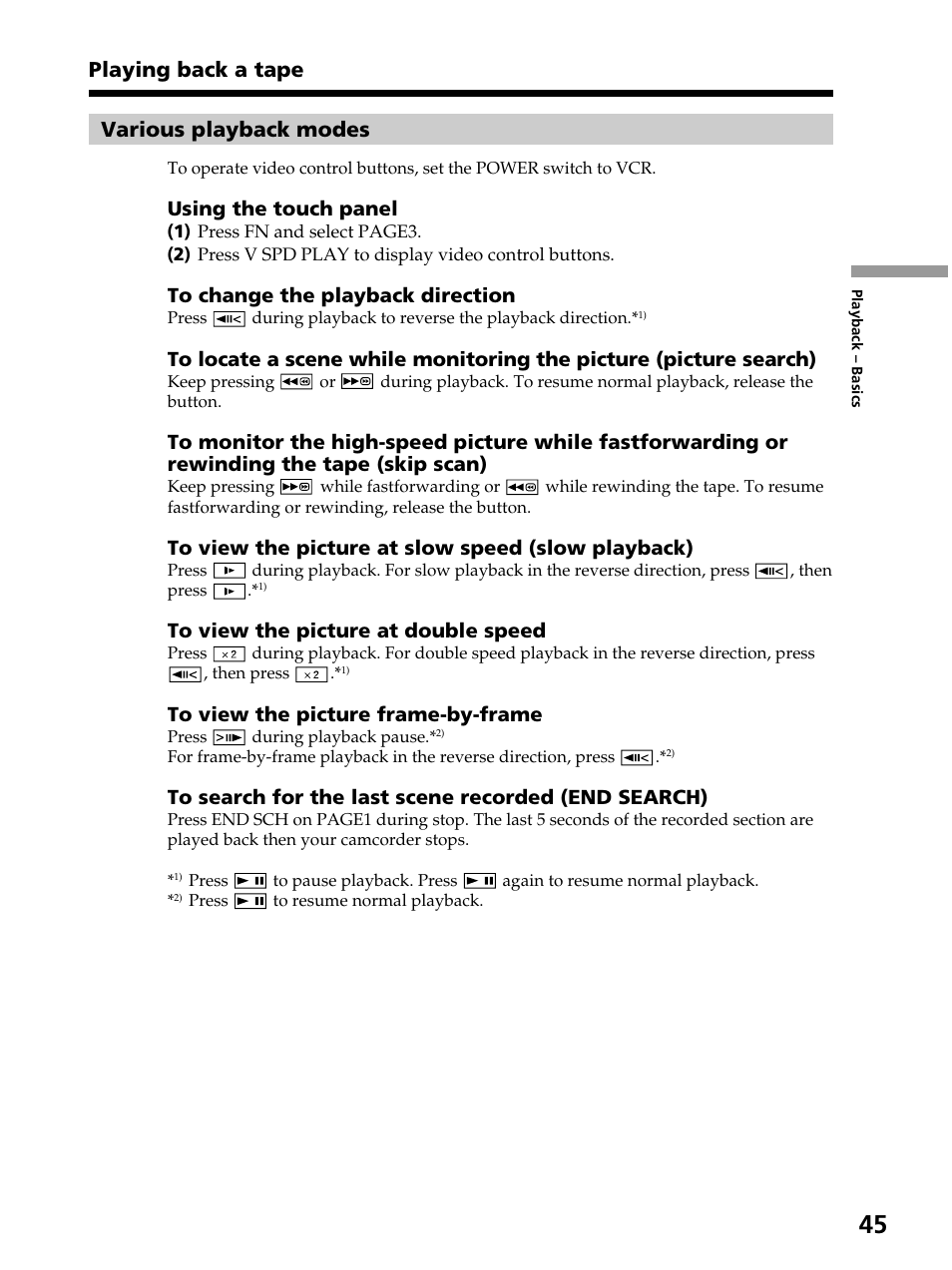 Various playback modes, Playing back a tape | Sony DCR-PC105 User Manual | Page 45 / 240