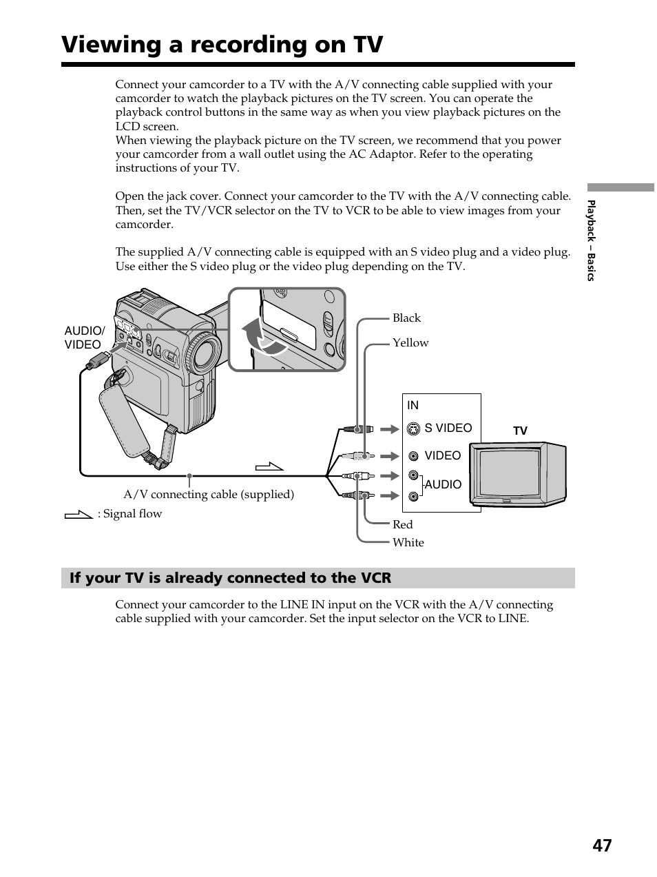 Viewing a recording on tv | Sony DCR-PC105 User Manual | Page 47 / 240