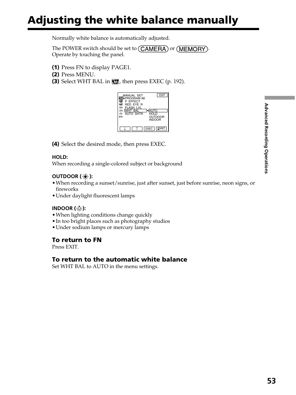 Adjusting the white balance manually | Sony DCR-PC105 User Manual | Page 53 / 240