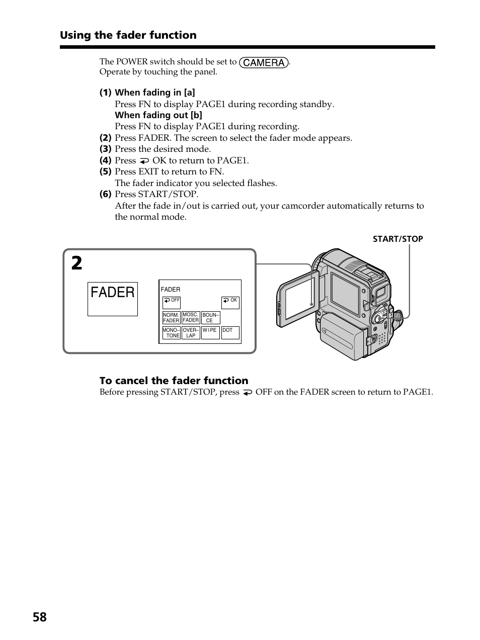 Fader, Using the fader function | Sony DCR-PC105 User Manual | Page 58 / 240