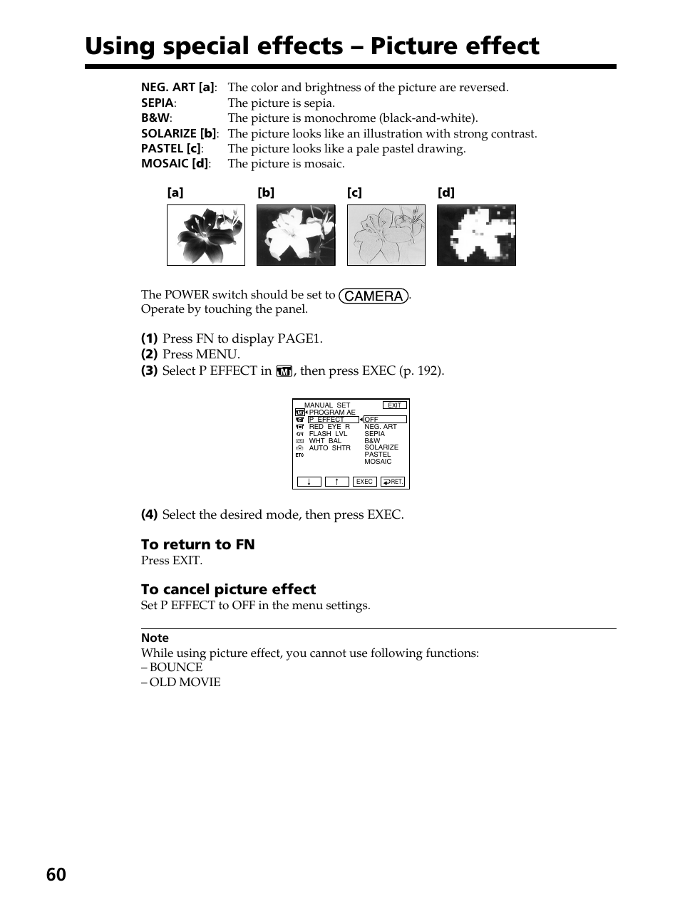 Using special effects – picture effect | Sony DCR-PC105 User Manual | Page 60 / 240