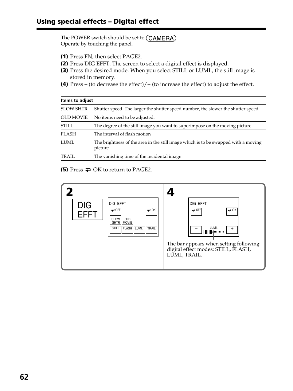 Dig efft, Using special effects – digital effect | Sony DCR-PC105 User Manual | Page 62 / 240