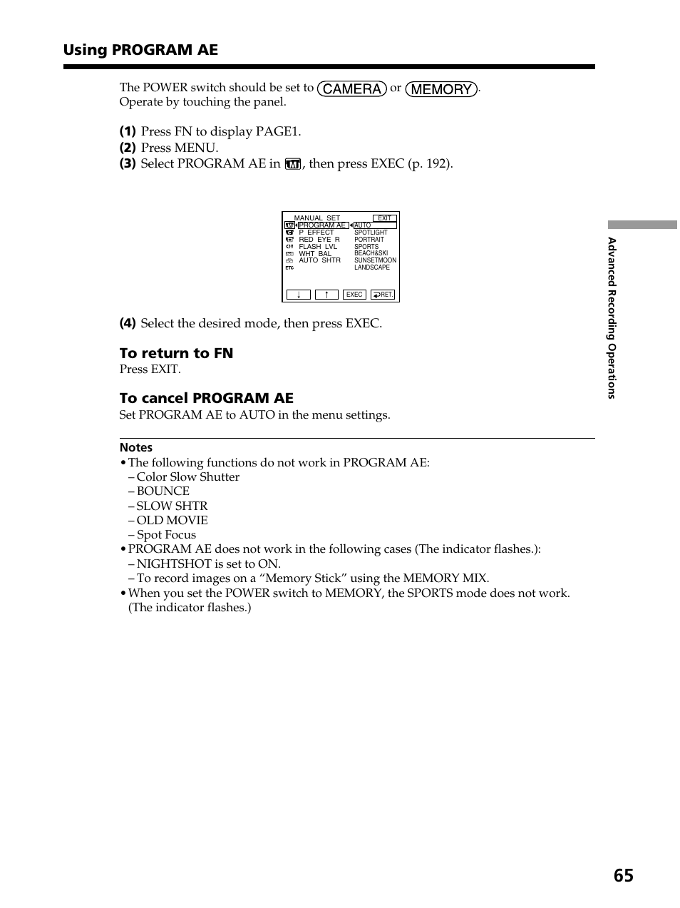 Using program ae | Sony DCR-PC105 User Manual | Page 65 / 240