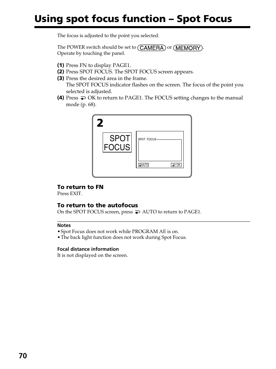 Using spot focus function – spot focus, Spot focus | Sony DCR-PC105 User Manual | Page 70 / 240