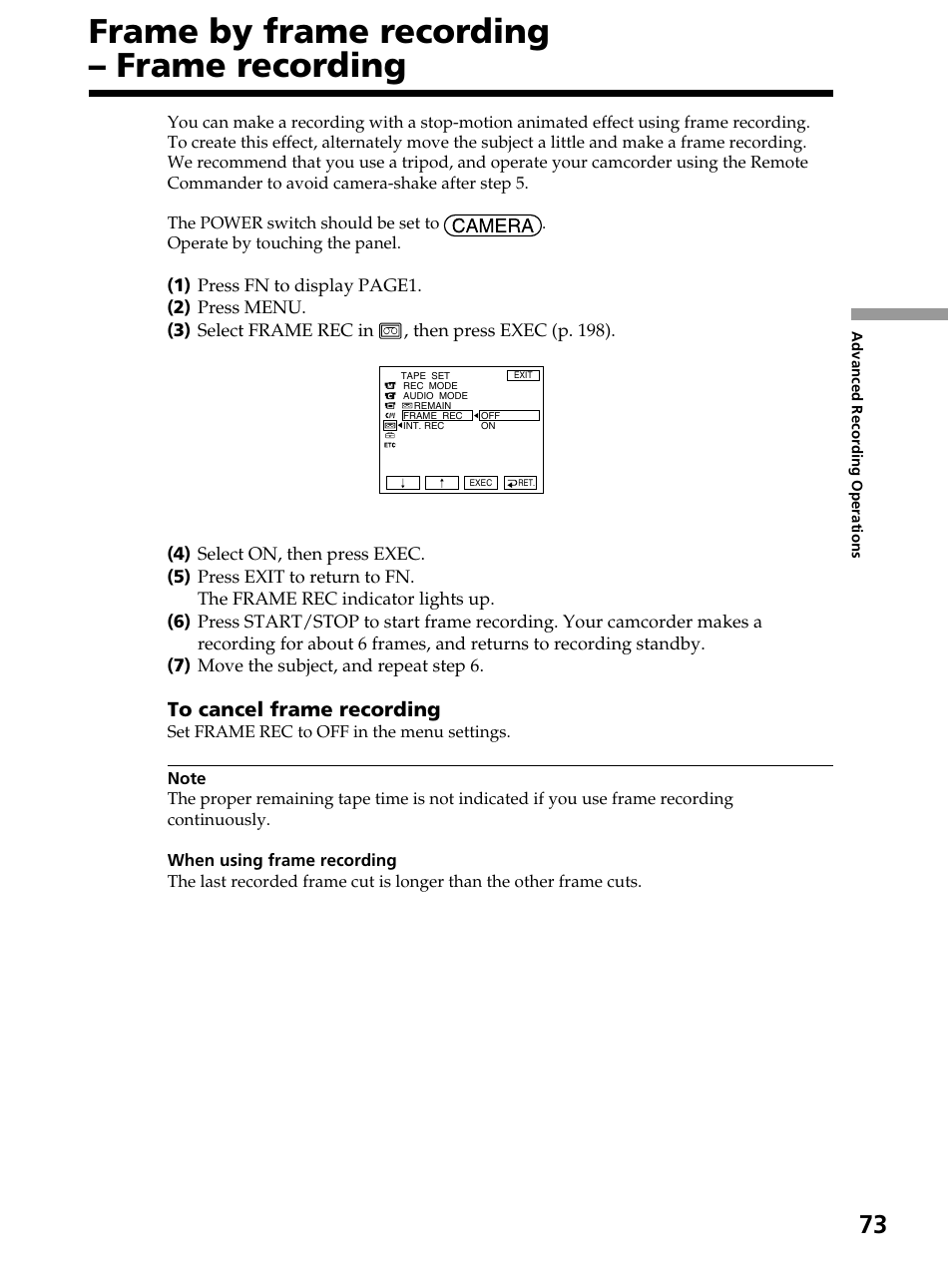 Frame by frame recording – frame recording | Sony DCR-PC105 User Manual | Page 73 / 240