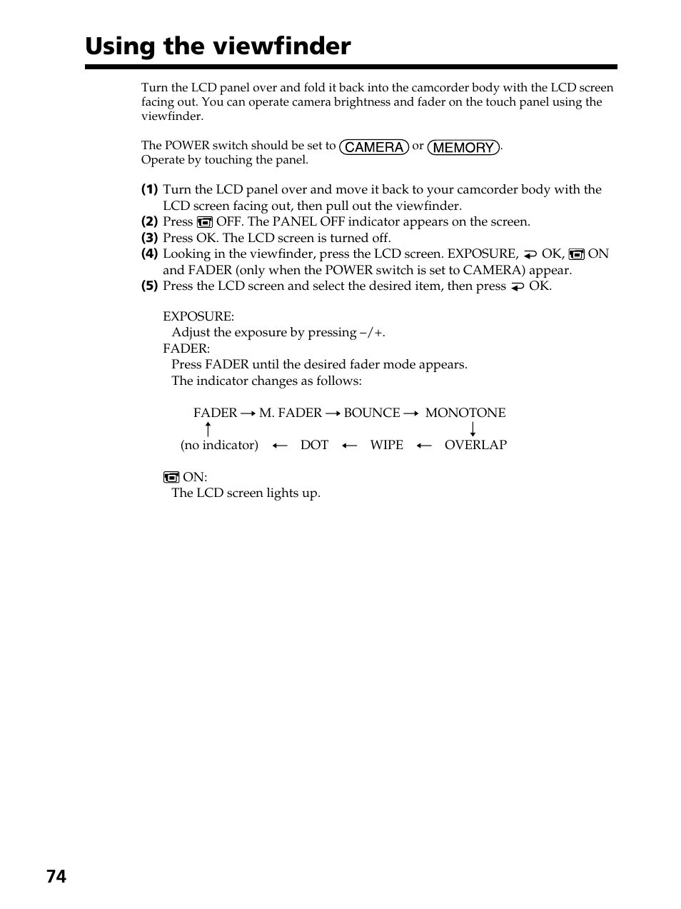 Using the viewfinder | Sony DCR-PC105 User Manual | Page 74 / 240