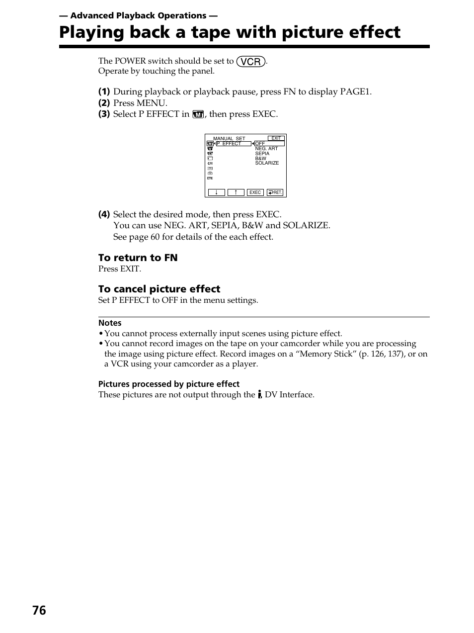 Advanced playback operations, Playing back a tape with picture effect | Sony DCR-PC105 User Manual | Page 76 / 240