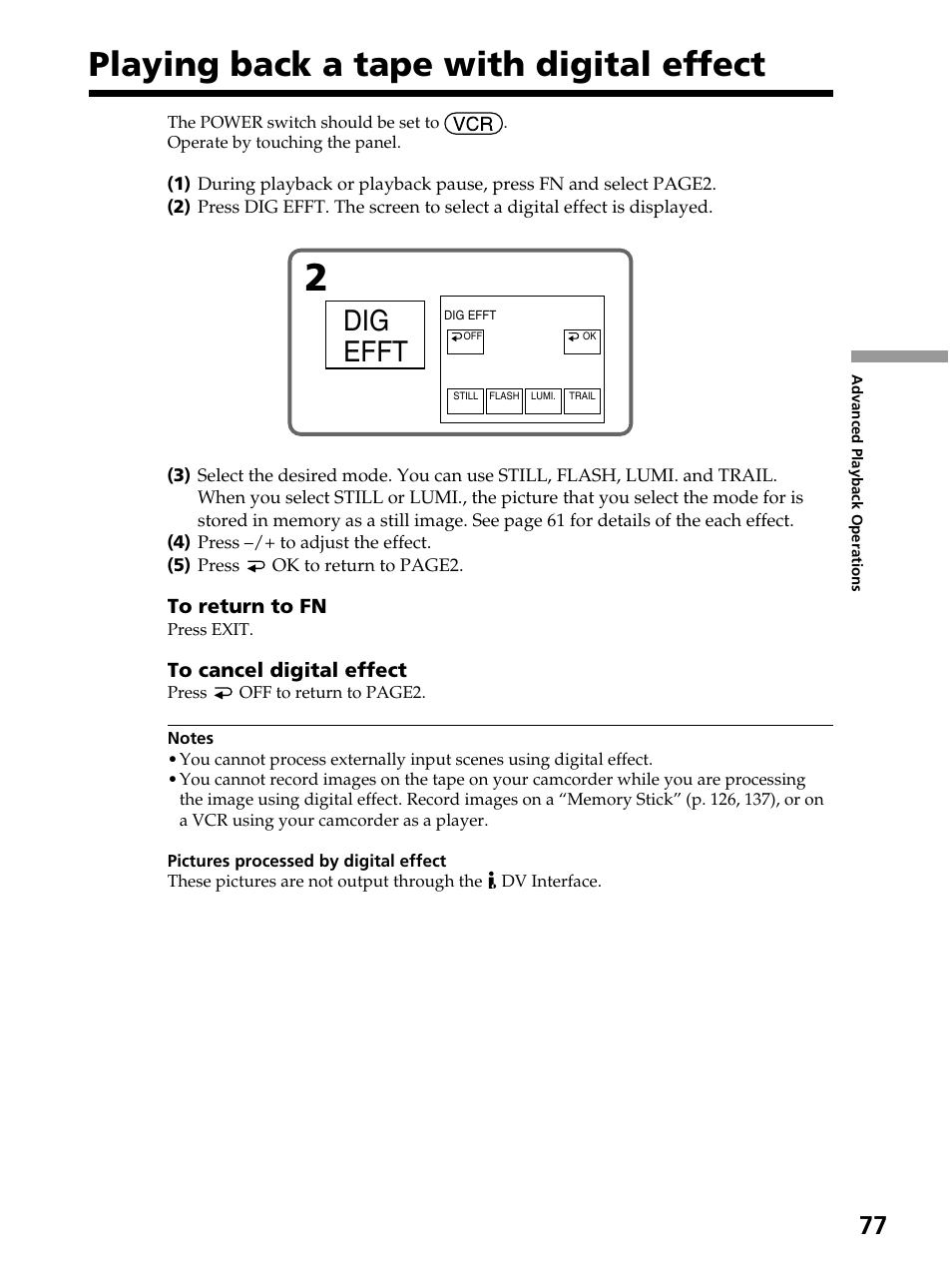 Playing back a tape with digital effect, Dig efft | Sony DCR-PC105 User Manual | Page 77 / 240