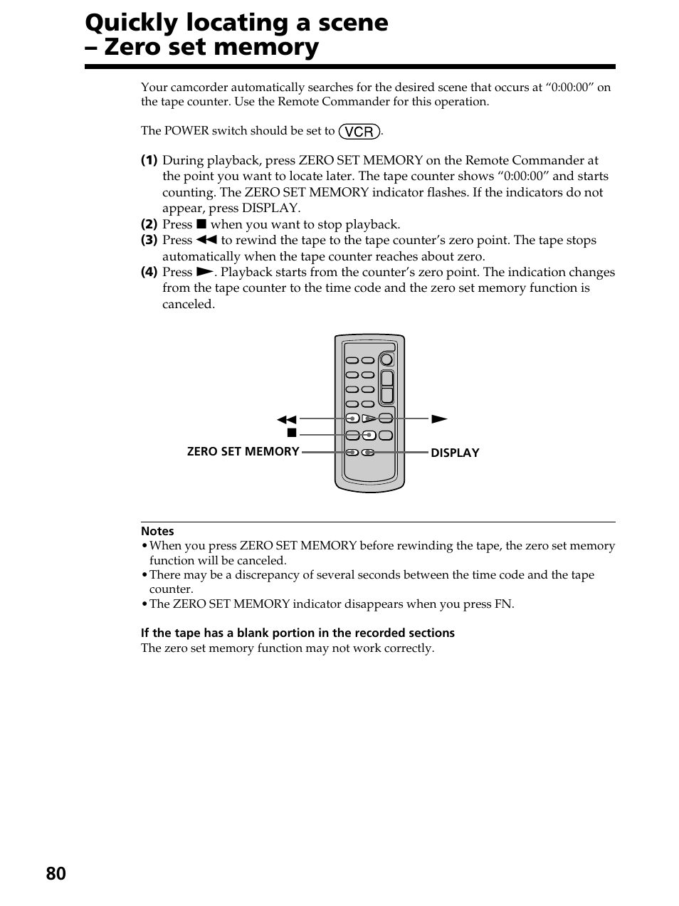 Quickly locating a scene – zero set memory | Sony DCR-PC105 User Manual | Page 80 / 240