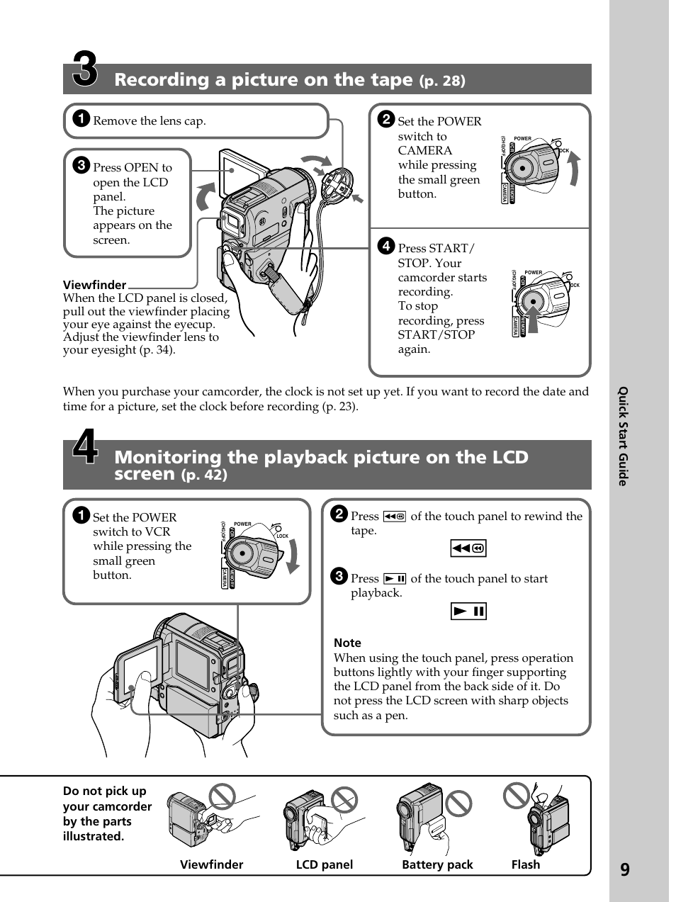 9recording a picture on the tape, Monitoring the playback picture on the lcd screen, P. 28) | P. 42) | Sony DCR-PC105 User Manual | Page 9 / 240