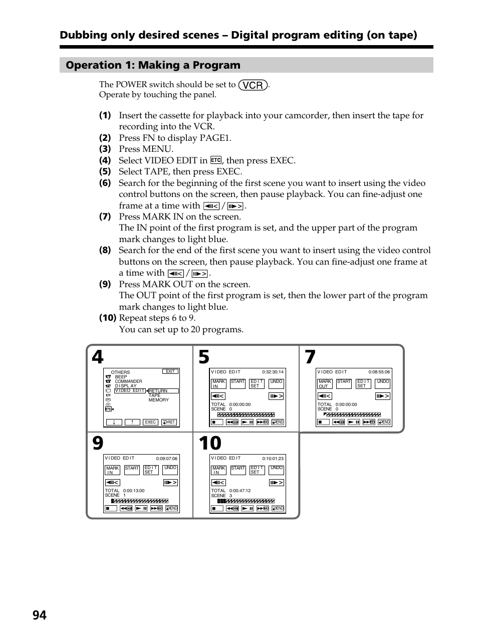 Operation 1: making a program | Sony DCR-PC105 User Manual | Page 94 / 240