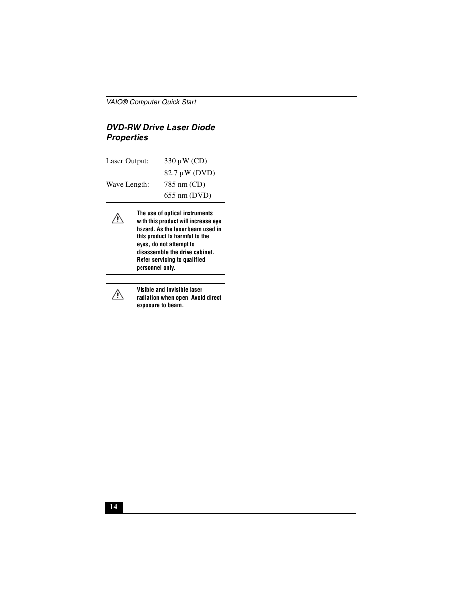 Dvd-rw drive laser diode properties | Sony PCG-NV290 User Manual | Page 14 / 64