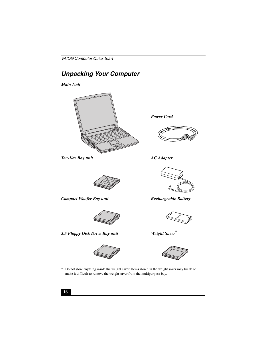 Unpacking your computer | Sony PCG-NV290 User Manual | Page 16 / 64