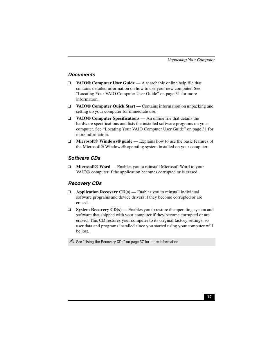 Documents, Software cds, Recovery cds | Sony PCG-NV290 User Manual | Page 17 / 64