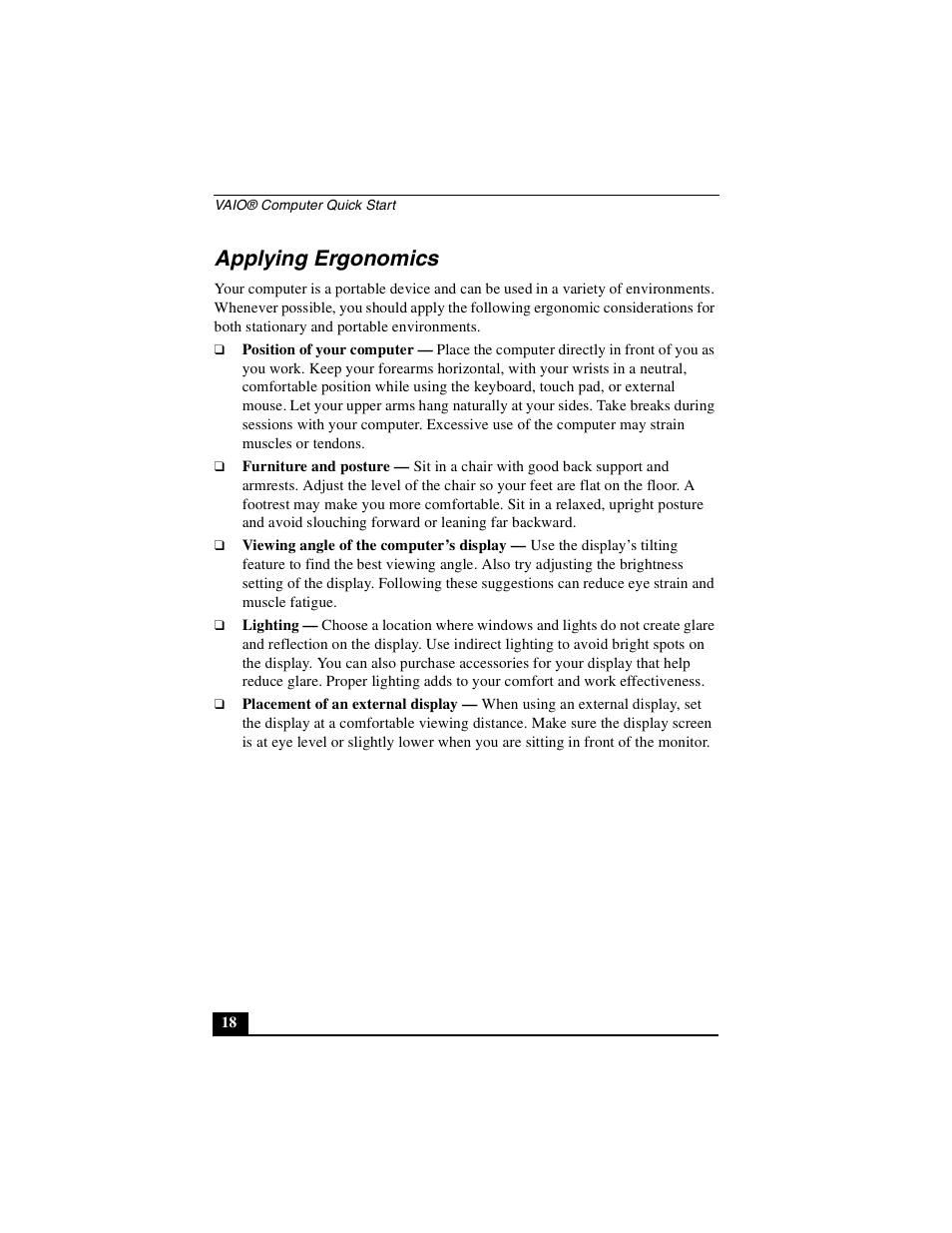 Applying ergonomics | Sony PCG-NV290 User Manual | Page 18 / 64