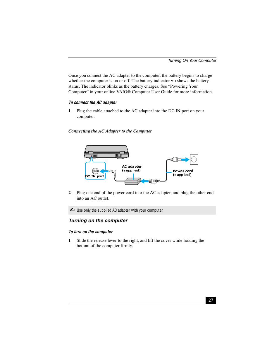 Turning on the computer | Sony PCG-NV290 User Manual | Page 27 / 64