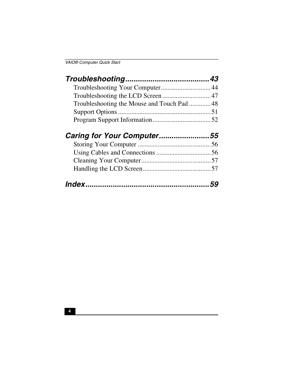 Troubleshooting, Caring for your computer, Index | Sony PCG-NV290 User Manual | Page 4 / 64