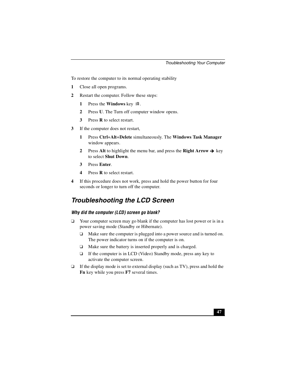 Troubleshooting the lcd screen | Sony PCG-NV290 User Manual | Page 47 / 64