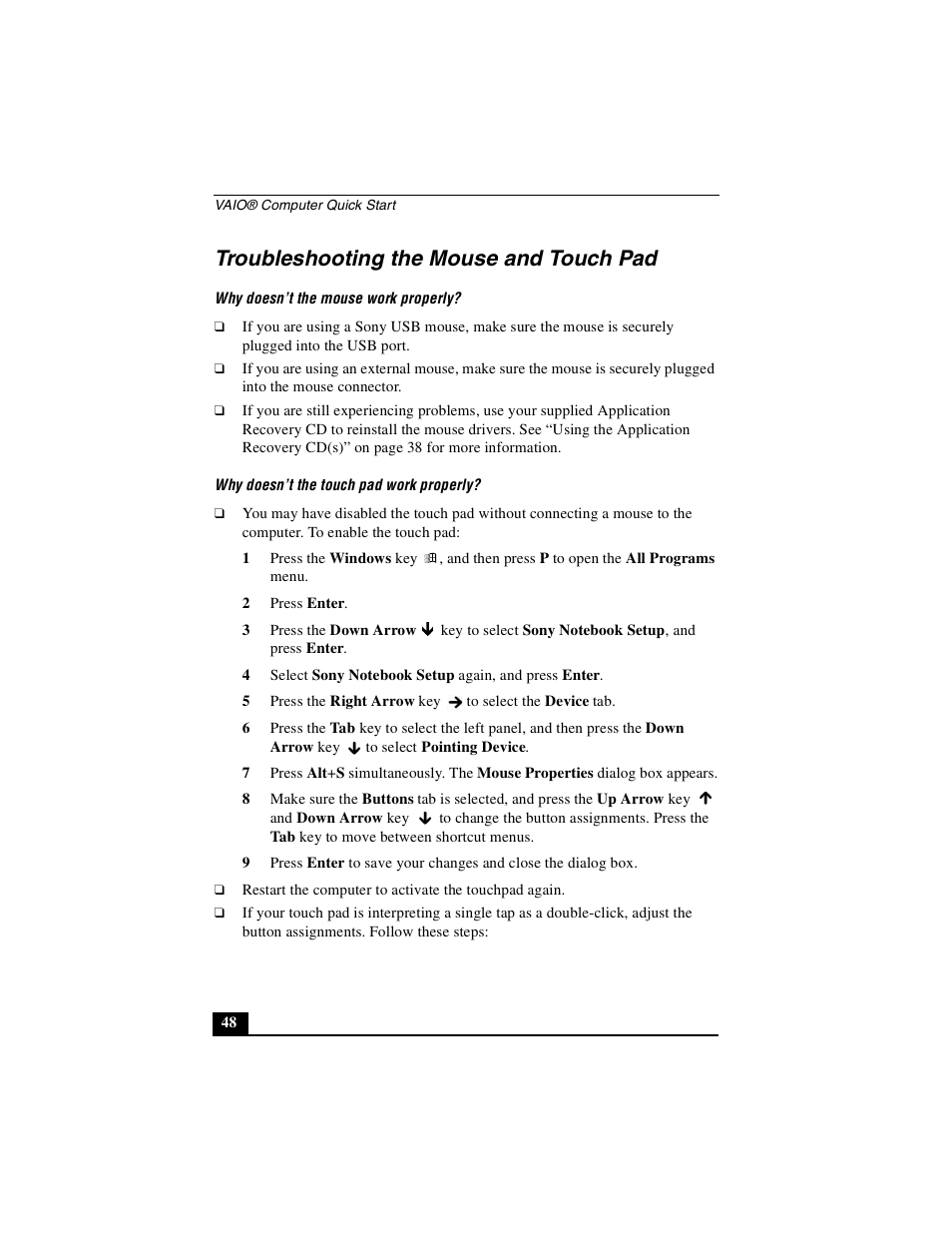 Troubleshooting the mouse and touch pad | Sony PCG-NV290 User Manual | Page 48 / 64