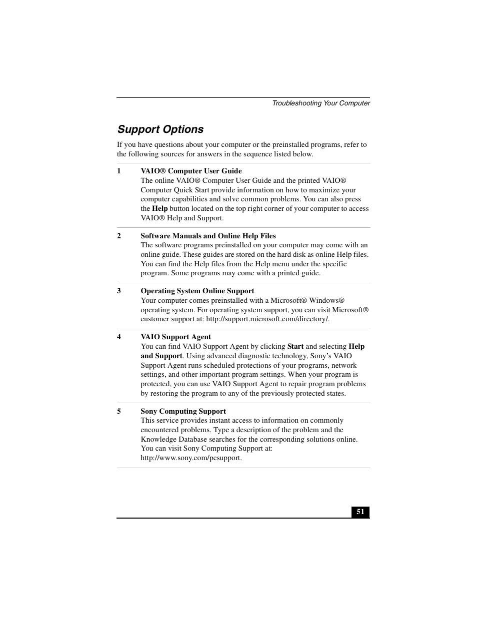 Support options | Sony PCG-NV290 User Manual | Page 51 / 64