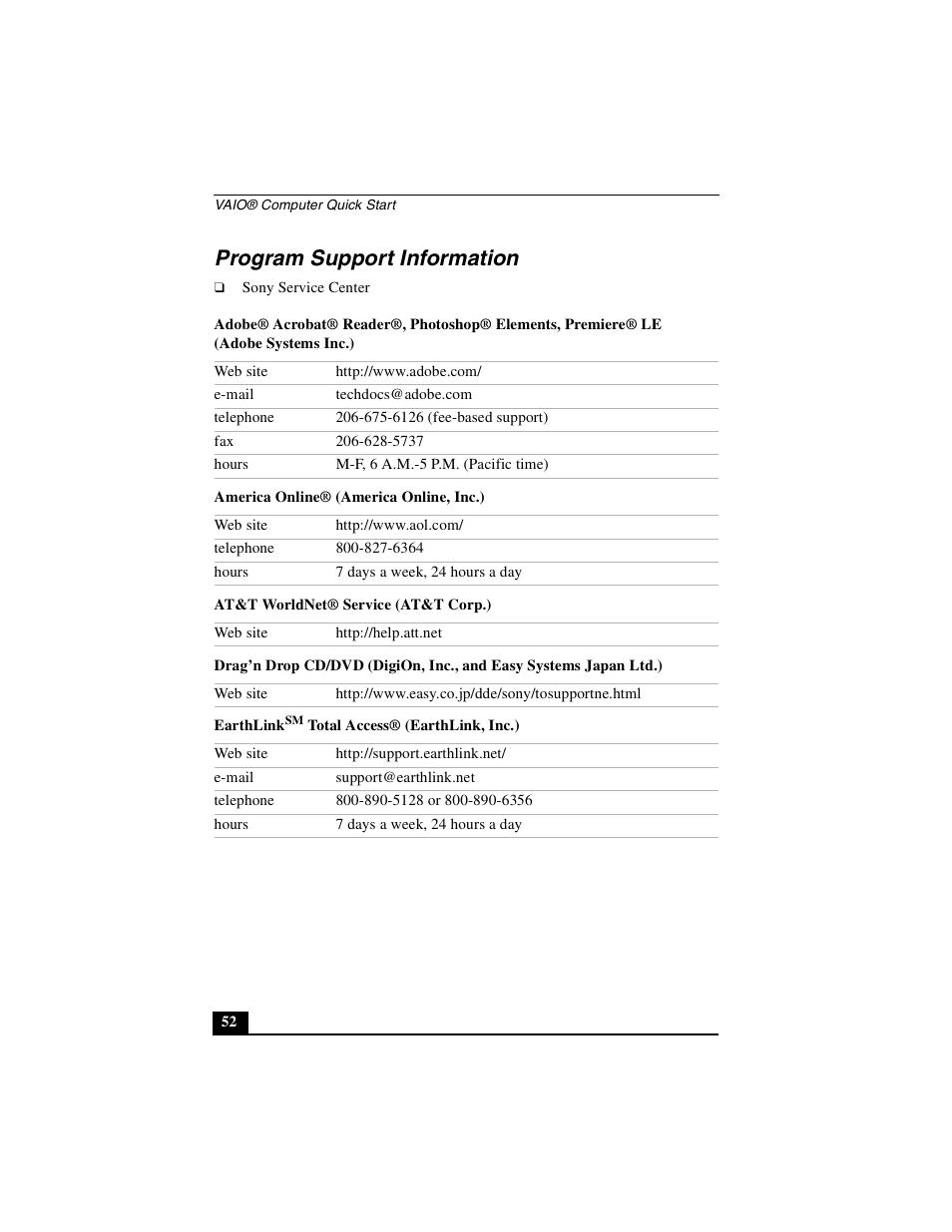 Program support information | Sony PCG-NV290 User Manual | Page 52 / 64