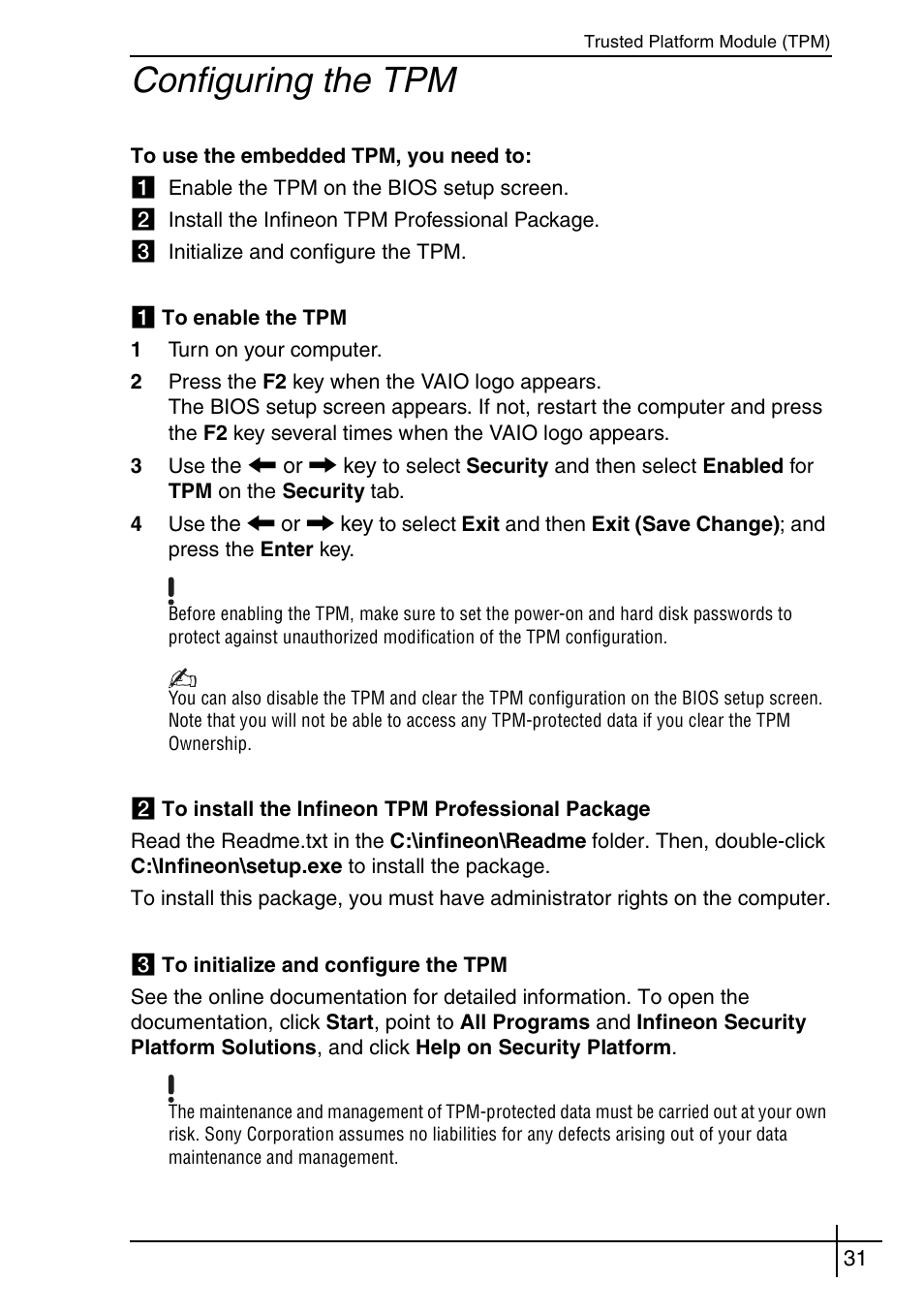 Configuring the tpm | Sony VGN-BX563B User Manual | Page 31 / 64
