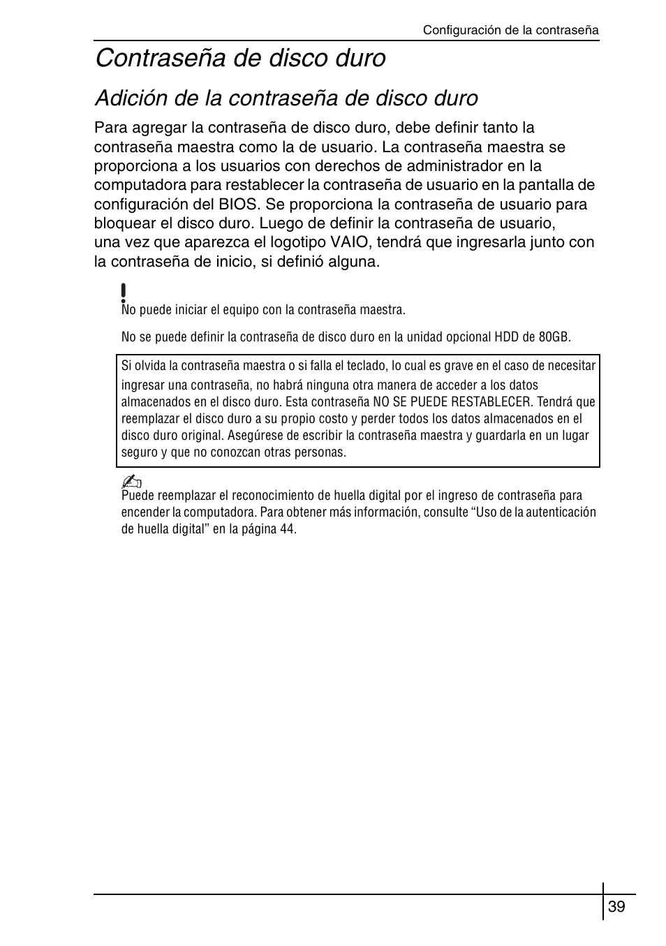 Contraseña de disco duro, Adición de la contraseña de disco duro | Sony VGN-BX563B User Manual | Page 39 / 64