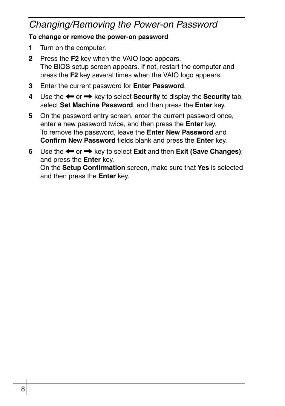 Changing/removing the power-on password | Sony VGN-BX563B User Manual | Page 8 / 64