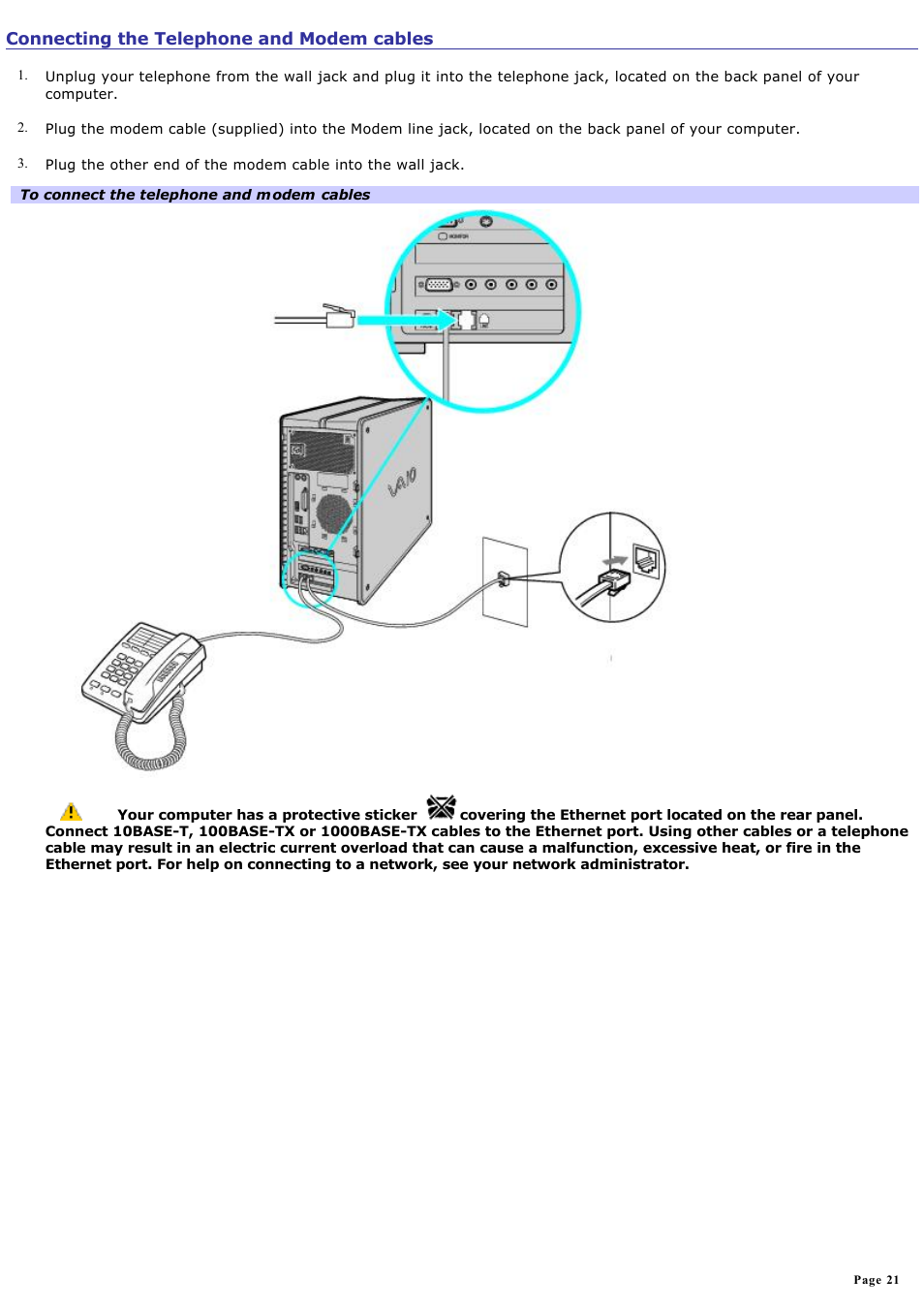 Connecting the telephone and modem cables | Sony PCV-RZ45G User Manual | Page 21 / 91