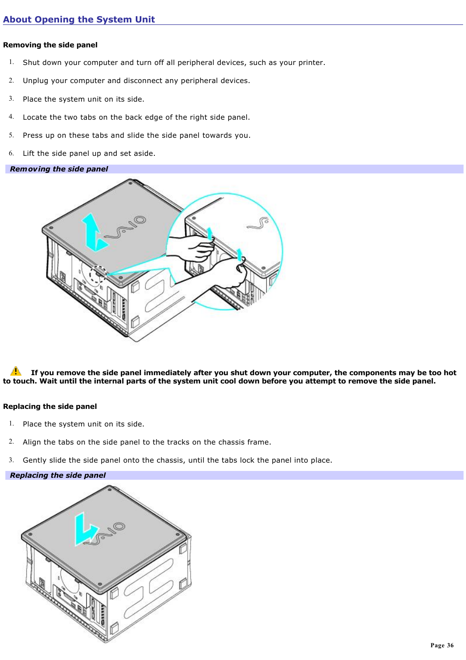 About opening the system unit | Sony PCV-RZ45G User Manual | Page 36 / 91