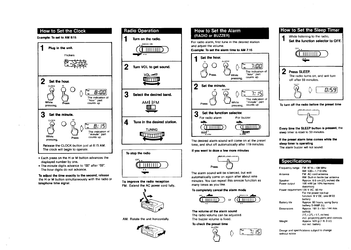 How to set the clock, Radio operation, Fleffru | Iiltn, How to set the alarm, Is how to set the sleep timer, Specifications | Sony ICF-C240BEIGE User Manual | Page 2 / 2