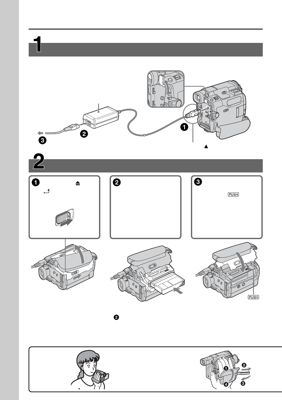 Quick start guide, Recording on tape, Quick start guide – recording on tape | Connecting the power cord, Inserting the cassette 1 | Sony DCR-TRV33 User Manual | Page 8 / 220